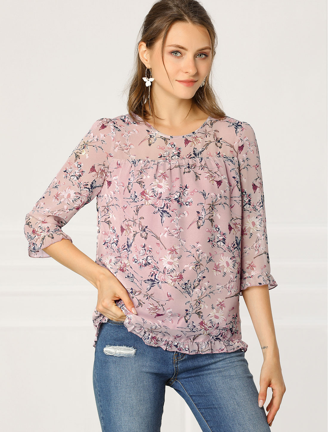 Casual Ruffle 3/4 Sleeve Floral Print Chiffon Blouse Pink/S - Allegra K catalog