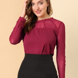 Lace Mesh Long Sleeve Top Round Neck Casual Elegant Blouse Wine Red/XS - Allegra K catalog