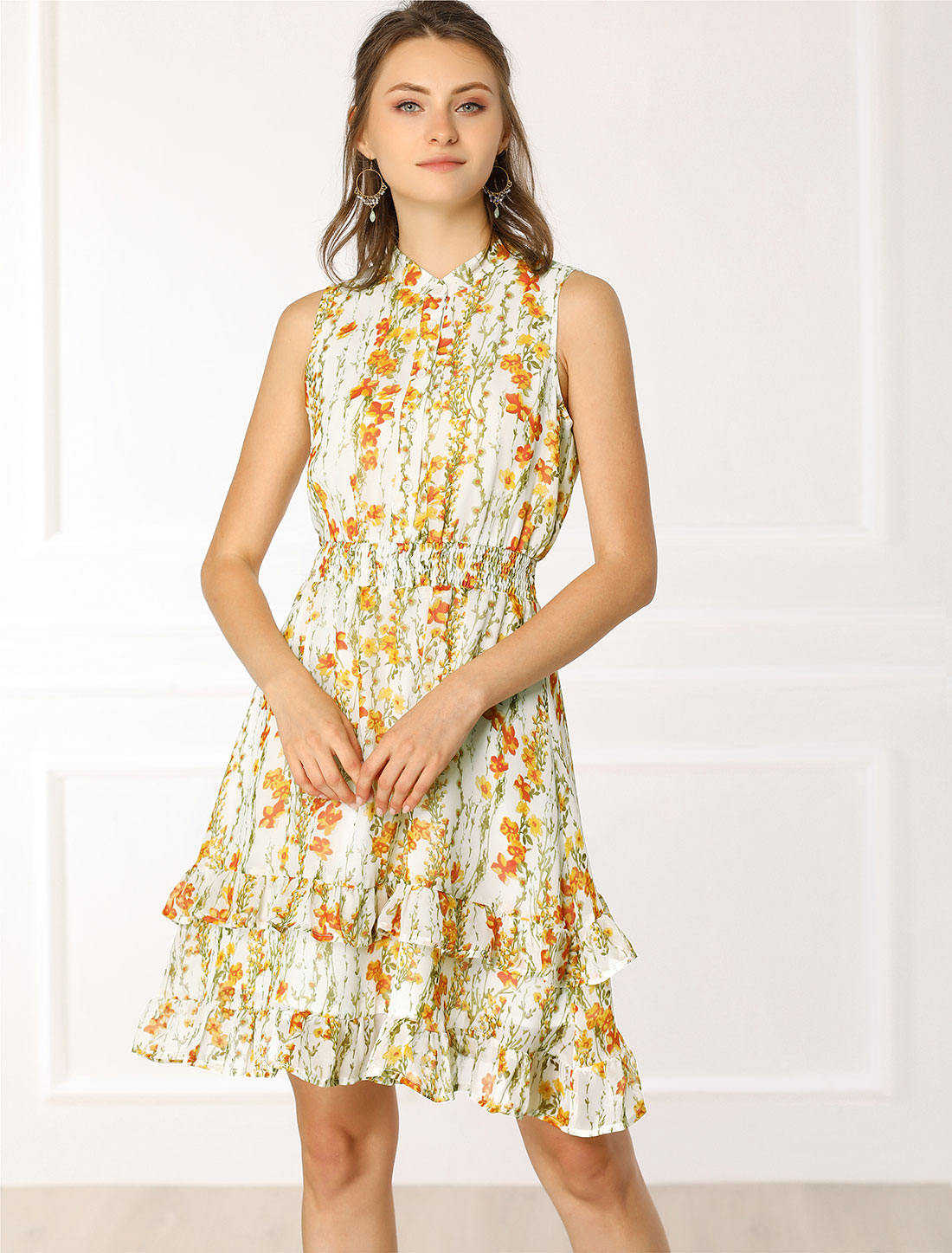Floral A-line Smocked Waist Tiered Ruffled Chiffon Mini Dress White/S - Allegra K catalog