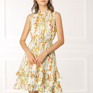 Floral A-line Smocked Waist Tiered Ruffled Chiffon Mini Dress White/M - Allegra K catalog