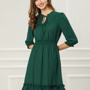 Ruffle Hem 3/4 Sleeve A-Line Smocked Short Chiffon Dress Dark green/XS - Allegra K catalog