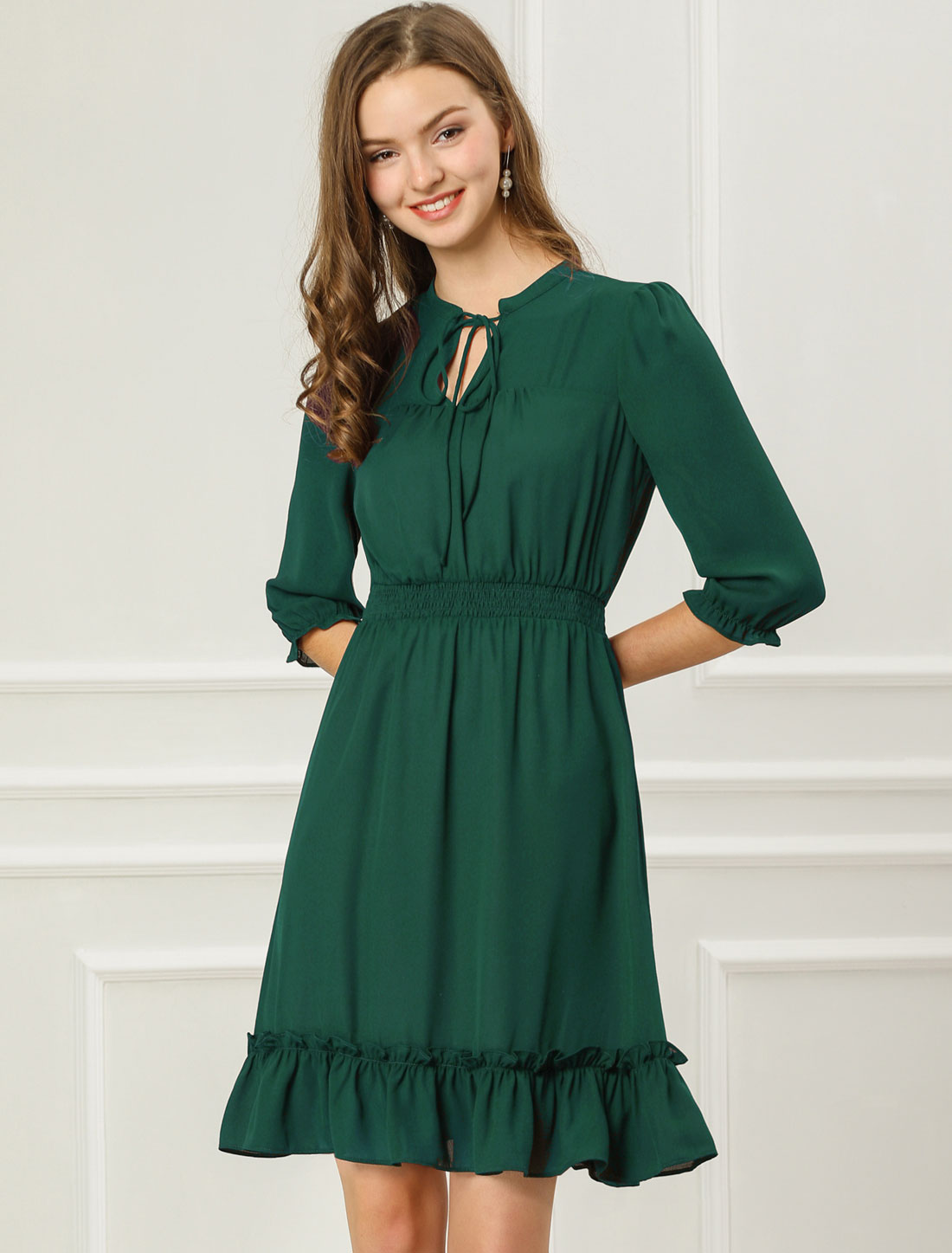 Ruffle Hem 3/4 Sleeve A-Line Smocked Short Chiffon Dress Dark green/S - Allegra K catalog