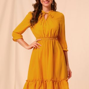 Ruffle Hem 3/4 Sleeve A-Line Smocked Midi Chiffon Dress Yellow/S - Allegra K catalog