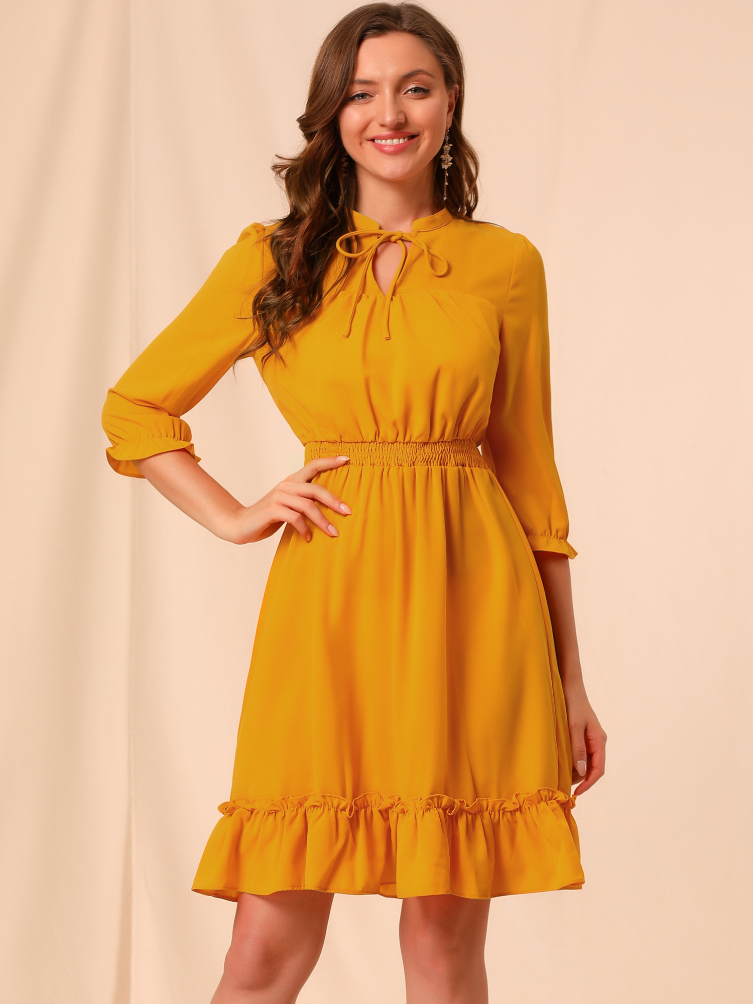 Ruffle Hem 3/4 Sleeve A-Line Smocked Midi Chiffon Dress Yellow/S - Allegra K catalog