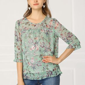 Casual Ruffle Floral Print 3/4 Sleeve Chiffon Blouse Green/L - Allegra K catalog