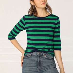 Striped 3/4 Sleeve Round Neck Casual T-Shirt Green Dark Blue/L - Allegra K catalog