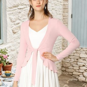 Women's Tie Front Knit Ruffled Long Sleeve Open Cardigan Pink/M - Allegra K catalog