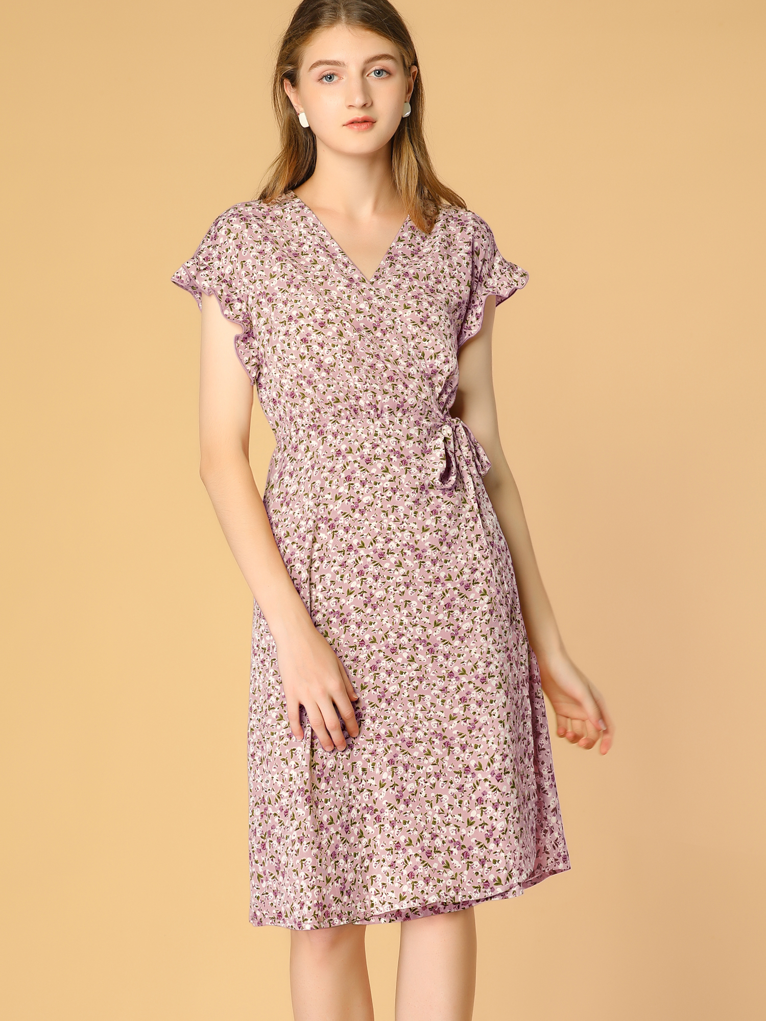 Ditsy Floral V Neck Ruffle Flutter Sleeve Midi Wrap Dress Pink/XS - Allegra K catalog