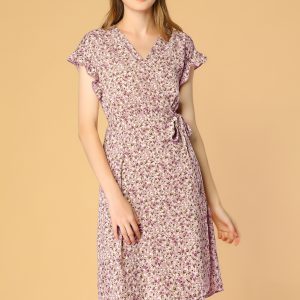 Ditsy Floral V Neck Ruffle Flutter Sleeve Midi Wrap Dress Pink/M - Allegra K catalog