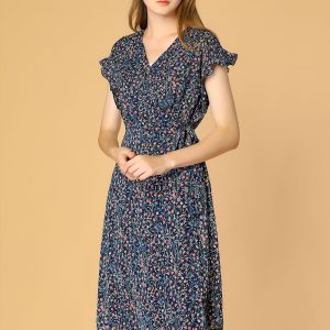 Ditsy Floral V Neck Ruffle Flutter Sleeve Midi Wrap Dress Blue/S - Allegra K catalog