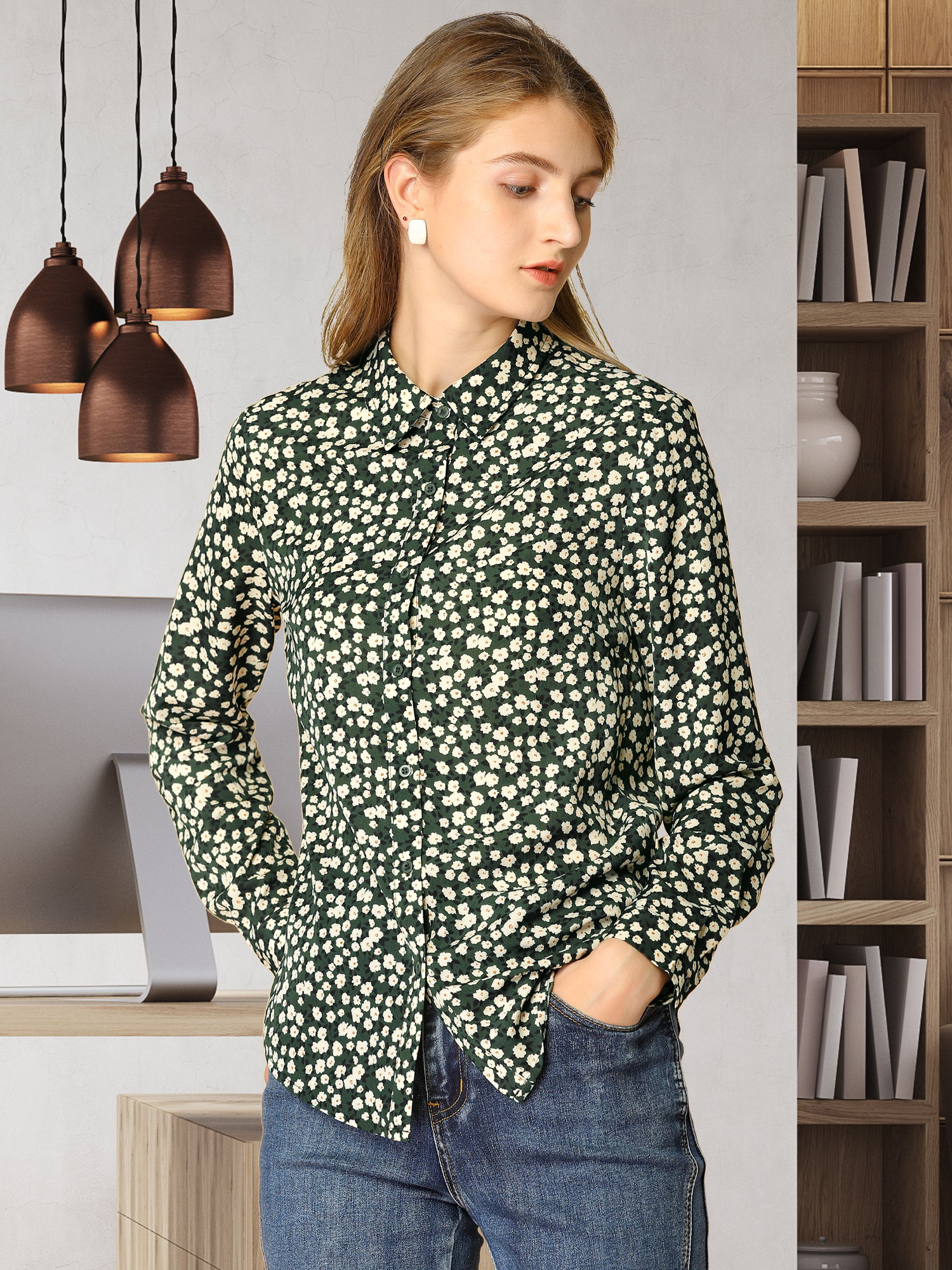 Button Down Floral Shirt Blouse Long Sleeve Point Collar Top Dark Green/M - Allegra K catalog