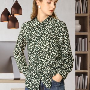 Button Down Floral Shirt Blouse Long Sleeve Point Collar Top Dark Green/XL - Allegra K catalog