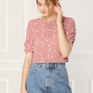 Floral Crew Neck Ruched Sleeve Casual Blouse Pink/XL - Allegra K catalog