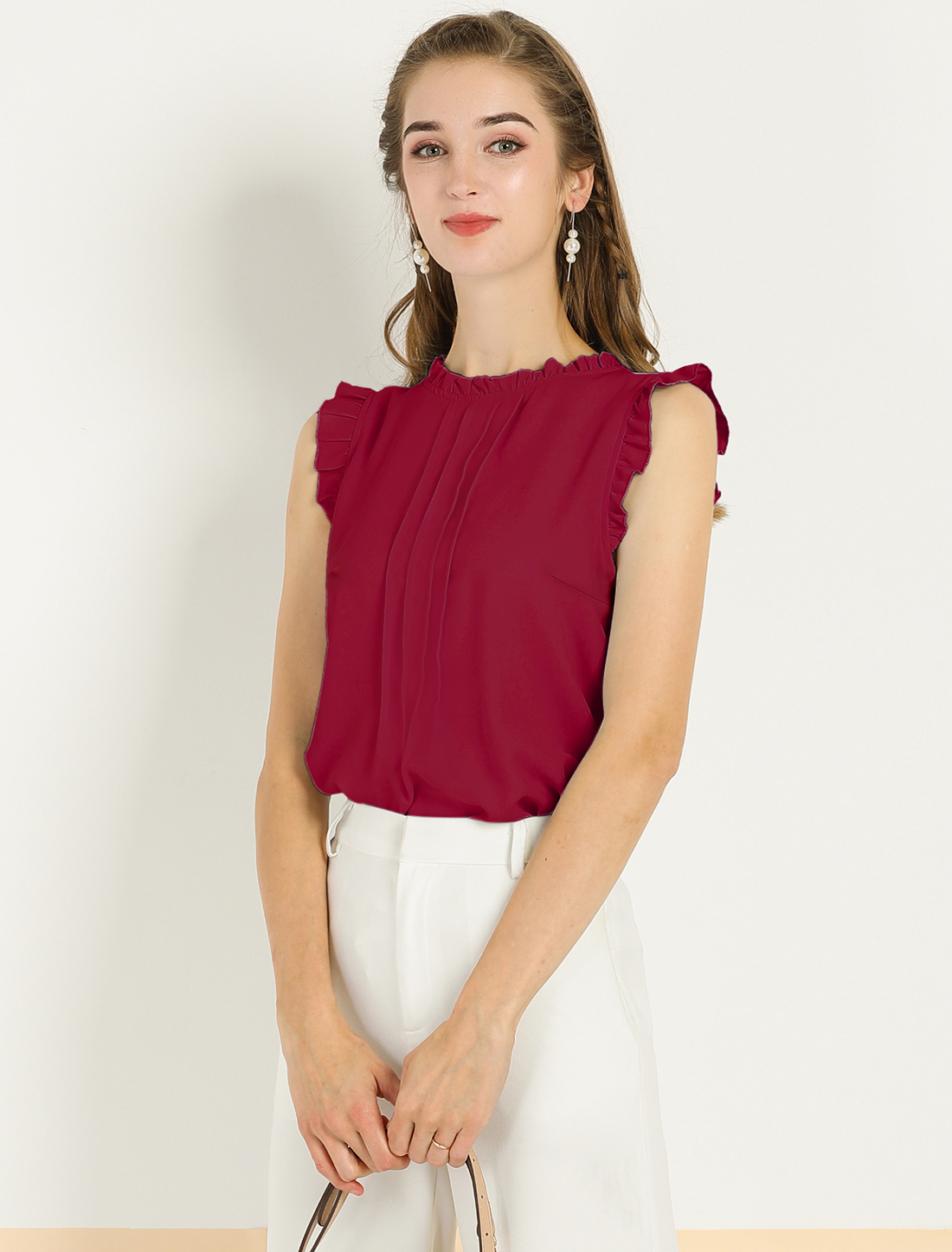 Business Office 1950s Ruffled Retro Sleeveless Work Blouses Burgundy/XS - Allegra K catalog