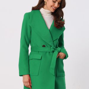 Shawl Collar Lapel Double Breasted Winter Belted Coat with Pockets Green/M - Allegra K catalog