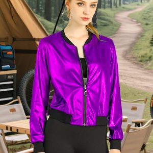 Holographic Shimmering Metallic Lightweight Bomber Jacket Dark Purple/M - Allegra K catalog
