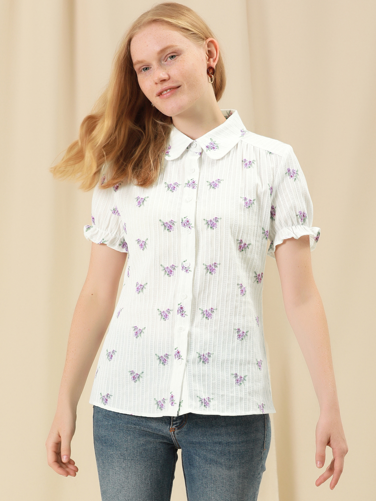 Floral Printed Peter Pan Collar Cotton Short Sleeve Shirt White/S - Allegra K catalog