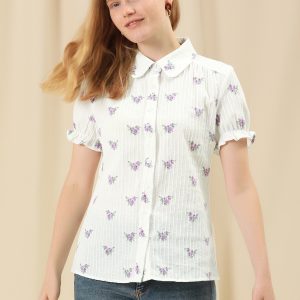 Floral Printed Peter Pan Collar Cotton Short Sleeve Shirt White/L - Allegra K catalog