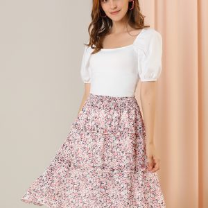 Floral Smocked Elastic Waist Knee Length Ruffle Tiered Skirt Pink/XS - Allegra K catalog