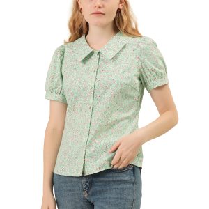 Puff Sleeve Shirt Point Collar Top Button Down Floral Blouse Green/XS - Allegra K catalog