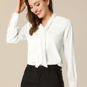 Long Sleeve Chiffon Pleated Tie Neck Office Blouse White/XS - Allegra K catalog