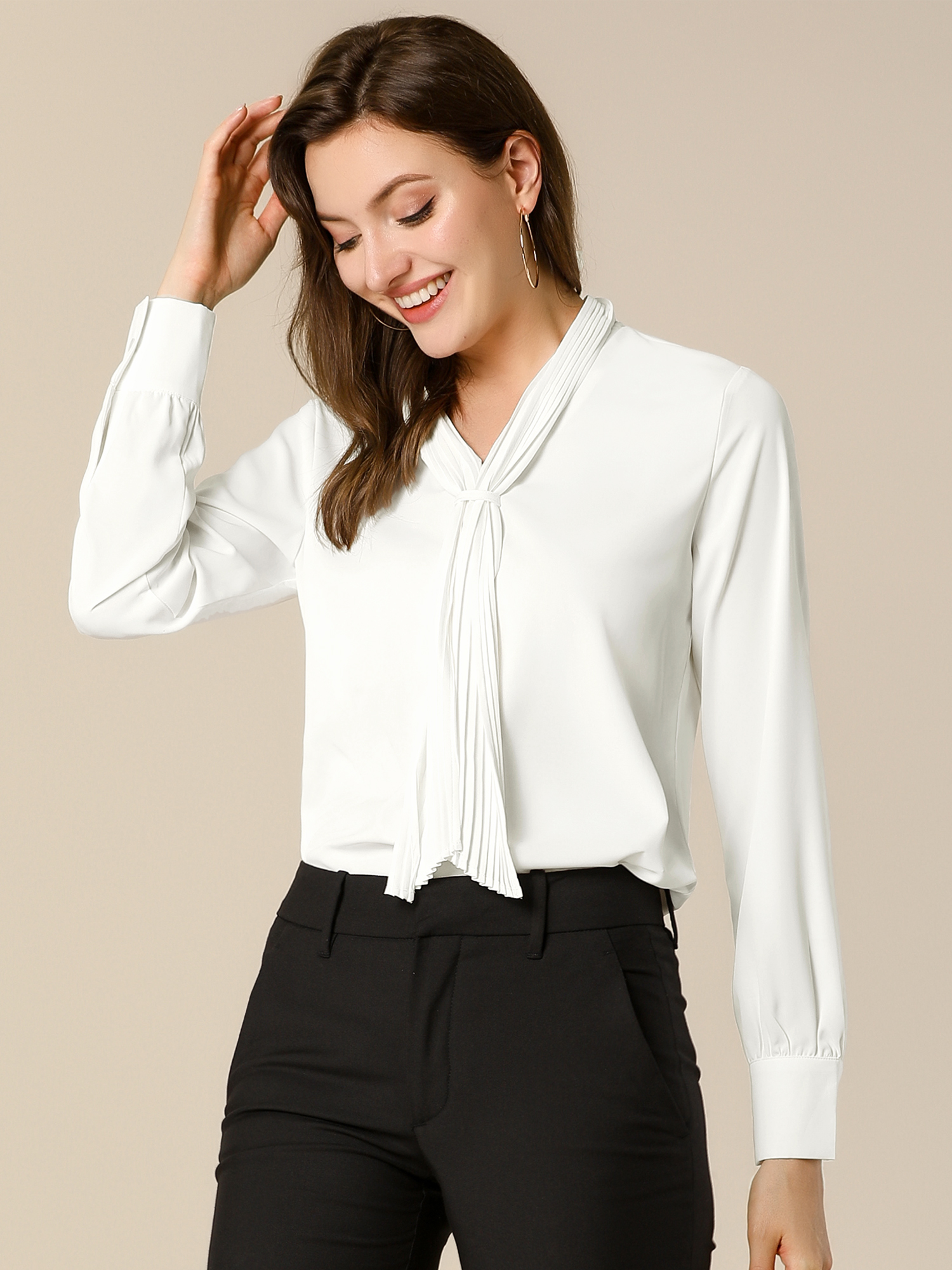 Long Sleeve Chiffon Pleated Tie Neck Office Blouse White/M - Allegra K catalog