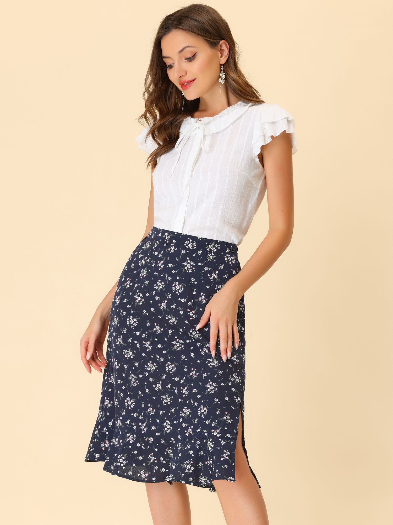 Floral Ruffle Elastic High Waist Button Flowy Split Midi Skirt Dark Blue/L - Allegra K catalog