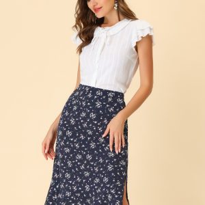 Floral Ruffle Elastic High Waist Button Flowy Split Midi Skirt Dark Blue/XL - Allegra K catalog