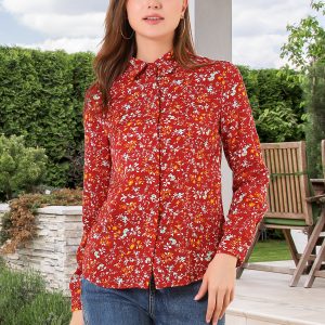 Button Down Floral Shirt Blouse Long Sleeve Point Collar Top Red/XS - Allegra K catalog