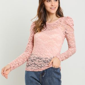 Retro Lace Semi Sheer Puff Long Sleeve Embroidery Blouse Pink/XS - Allegra K catalog