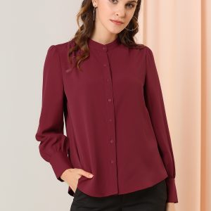 Mandarin Collar Long Sleeve Button Down Office Shirt Wine Red/L - Allegra K catalog