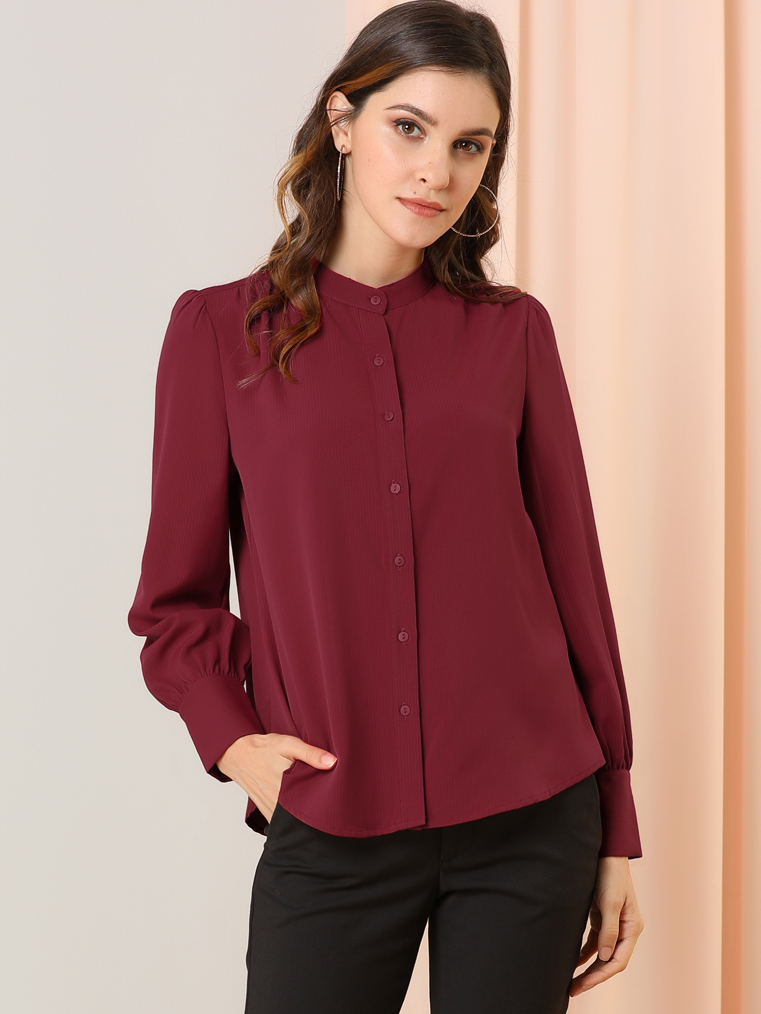 Mandarin Collar Long Sleeve Button Down Office Shirt Wine Red/L - Allegra K catalog