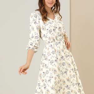 Floral Print V-Neck Long Sleeve Smocked Waist Midi Dress White/S - Allegra K catalog