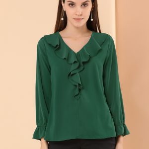 Ruffle Neck Gathered Cuff Long Sleeves Blouse Green/M - Allegra K catalog