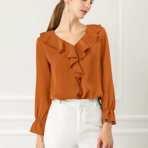 Ruffle Neck Gathered Cuff Long Sleeves Blouse Brown/XL - Allegra K catalog