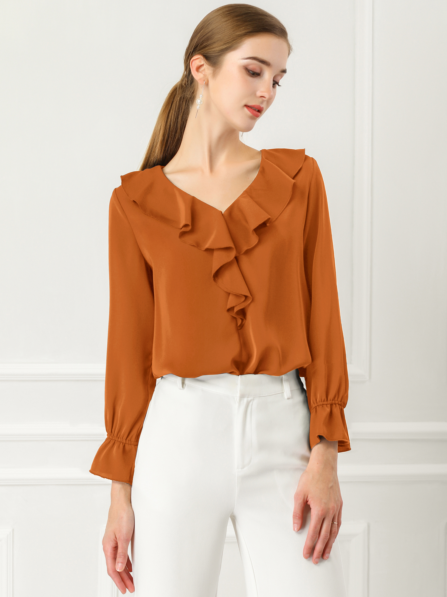 Ruffle Neck Gathered Cuff Long Sleeves Blouse Brown/XL - Allegra K catalog