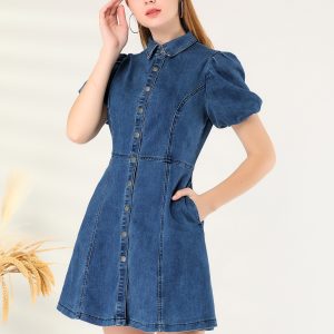 Denim Puff Short Sleeve Collared Button Down Mini Dress Dark Blue/S - Allegra K catalog