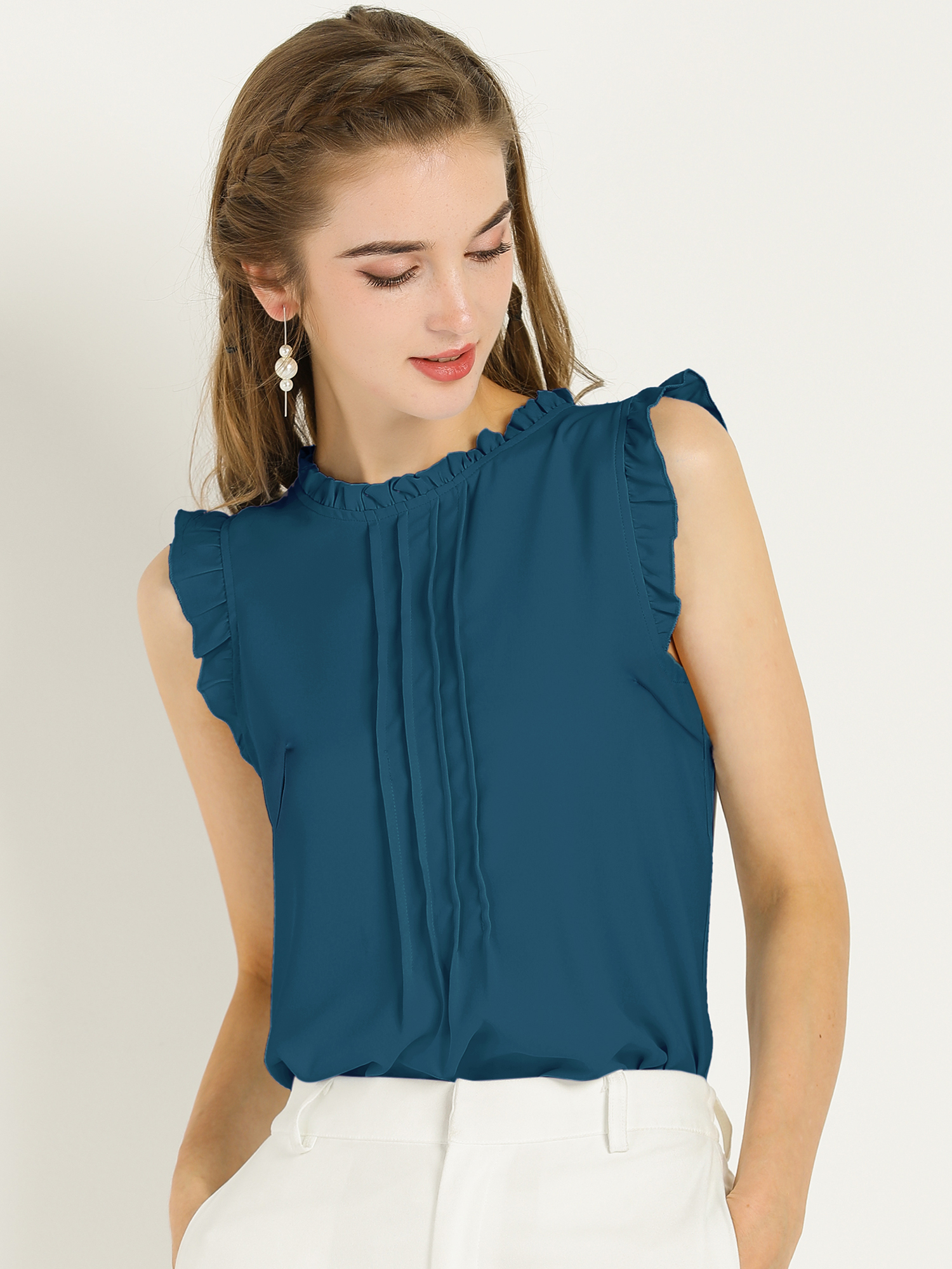 Business Office 1950s Ruffled Retro Sleeveless Work Blouses Blue Green/L - Allegra K catalog