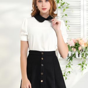 Pleated Contrast Peter Pan Collar Puff Short Sleeve Blouse White/L - Allegra K catalog