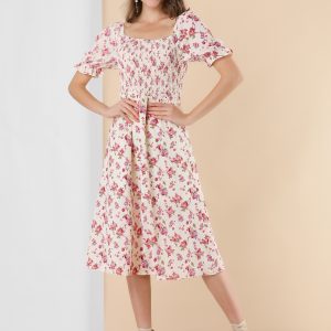Square Neck Puff Sleeve Shirred Floral Casual Midi Dress Beige/S - Allegra K catalog