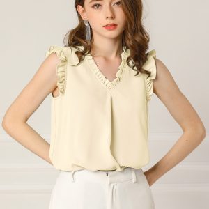 Ruffled Sleeveless Blouse 1950s Vintage Work Business Tops Beige/XL - Allegra K catalog