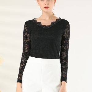 Floral Embroidery Sheer Long Sleeve Lace Blouse Top Black/XS - Allegra K catalog