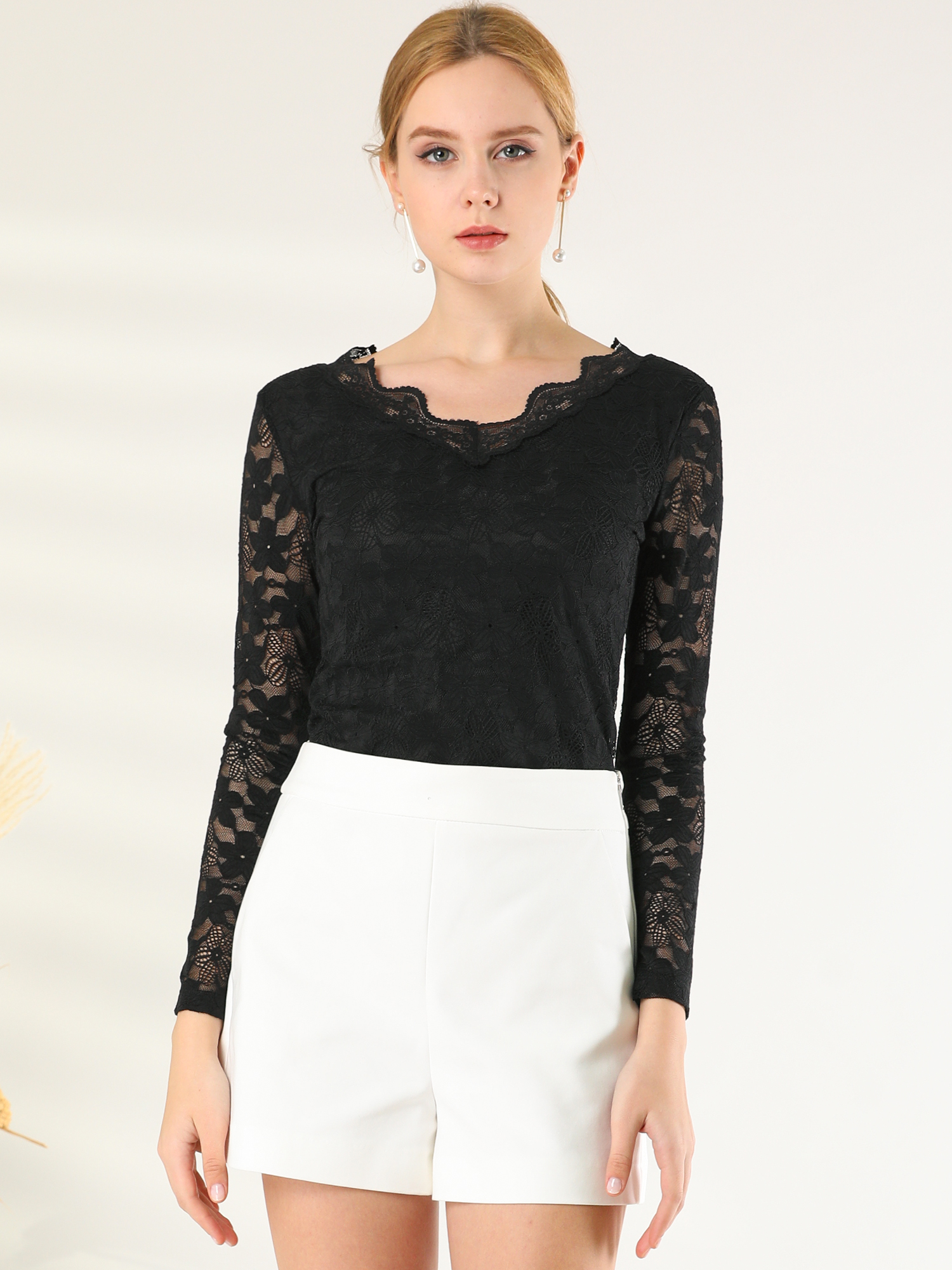 Floral Embroidery Sheer Long Sleeve Lace Blouse Top Black/M - Allegra K catalog