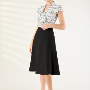 Summer Polka Dots Top Bow Tie V Neck Ruffled Cap Sleeve Office Blouse White/XL - Allegra K catalog