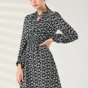 Smocked Waist Tie Neck Floral Long Sleeve Dress Black/M - Allegra K catalog