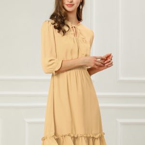 Ruffle Hem 3/4 Sleeve A-Line Smocked Short Chiffon Dress Khaki/L - Allegra K catalog
