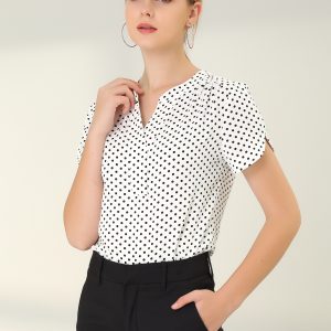 Polka Dots Print V Neck Short Sleeve Elegant Work Office Tops White/XS - Allegra K catalog