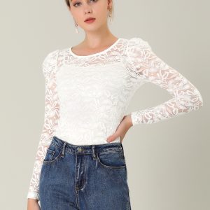 Retro Lace Semi Sheer Puff Long Sleeve Embroidery Blouse White/S - Allegra K catalog