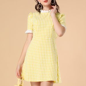 Summer Ruffle Neck Lace Panel Short Sleeve Check Gingham Dress Yellow/XL - Allegra K catalog