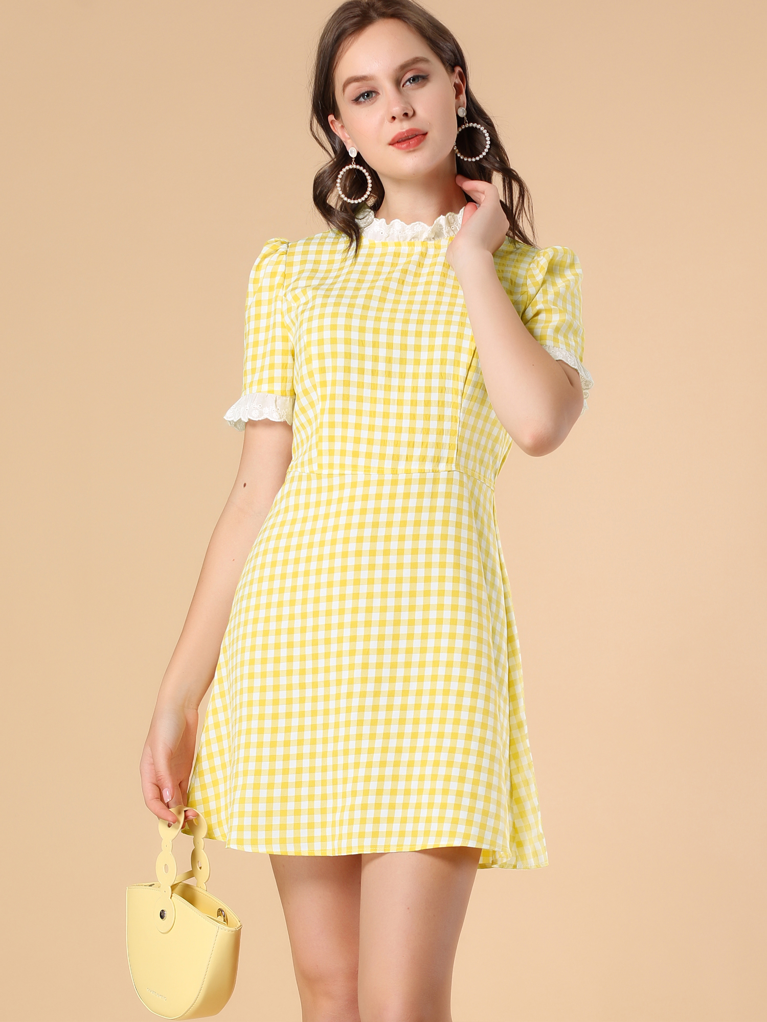 Summer Ruffle Neck Lace Panel Short Sleeve Check Gingham Dress Yellow/XL - Allegra K catalog